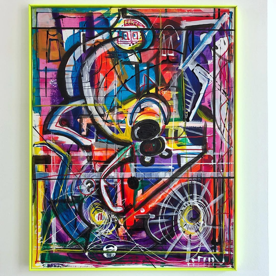 Kleurrijk abstract schilderij met cirkels en organische lijnen