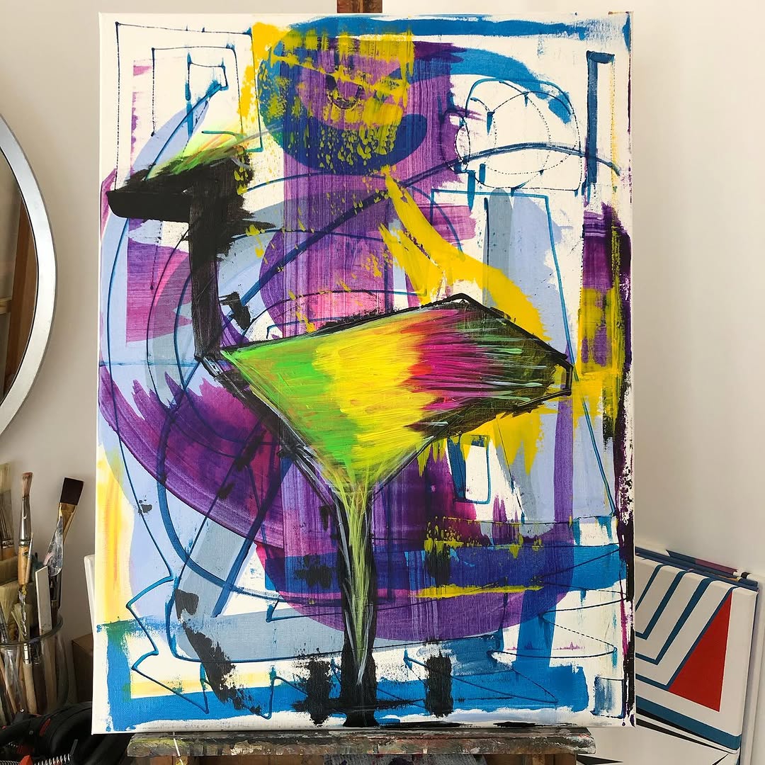 Expressief schilderij van een struisvogel in paars, roze en geel