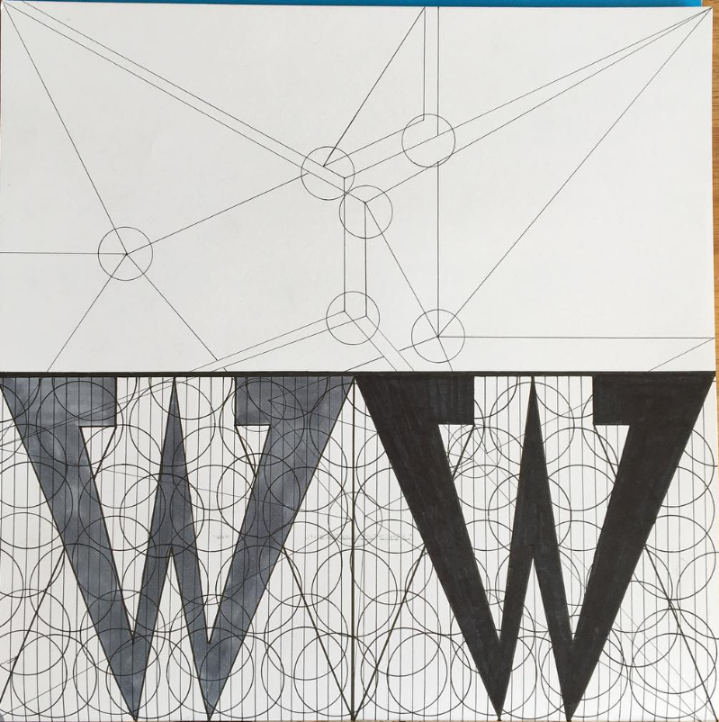 Grote geometrische W-compositie met cirkels en fijne lijnen